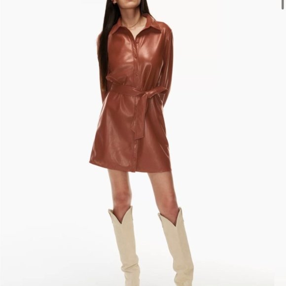 Aritzia Wilfred Vegan Leather Caroline Dress in Cognac - Picture 3 of 10